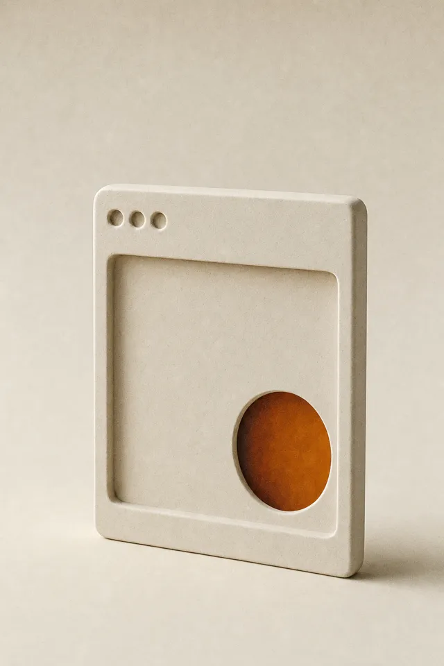 A sculptural ceramic browser window with an amber circle